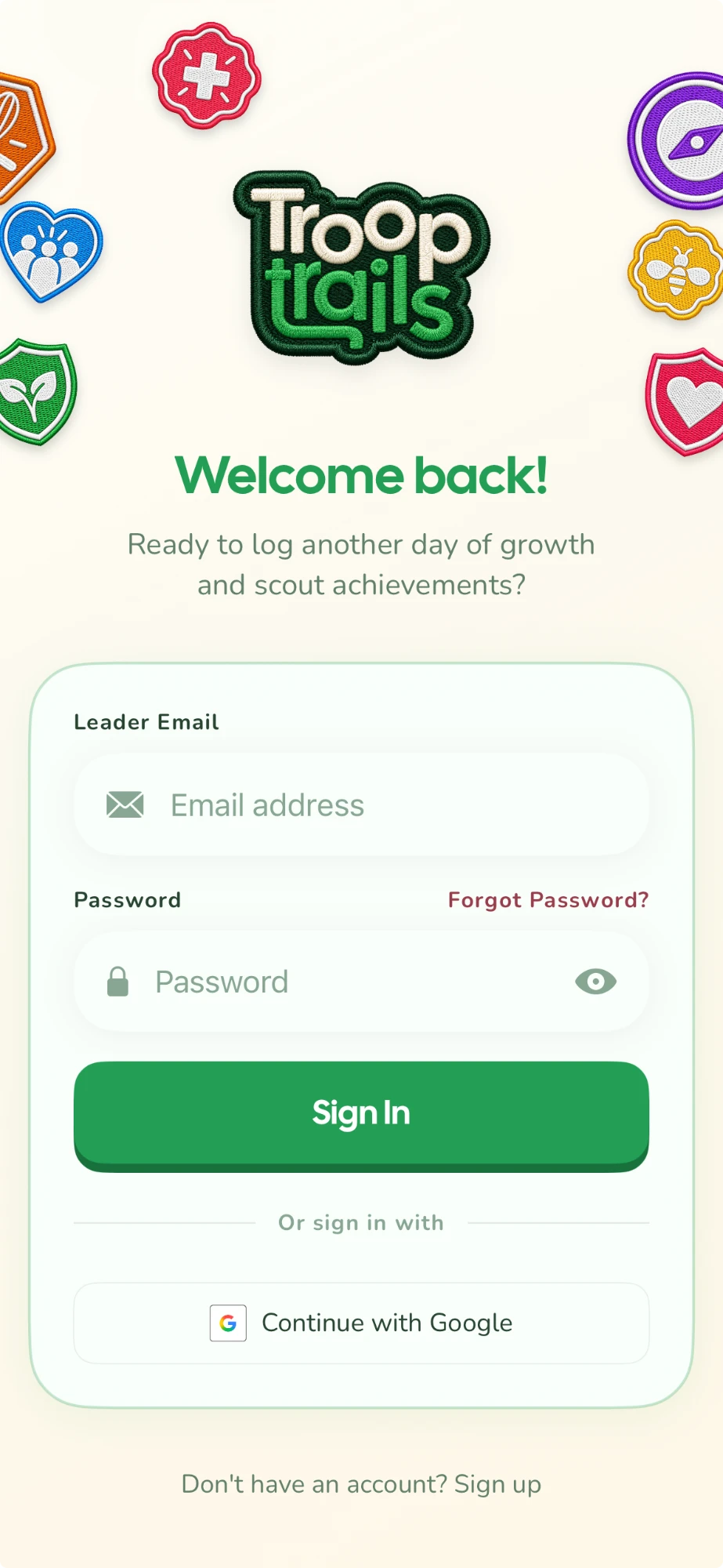 Troop Trails app sign-in screen
